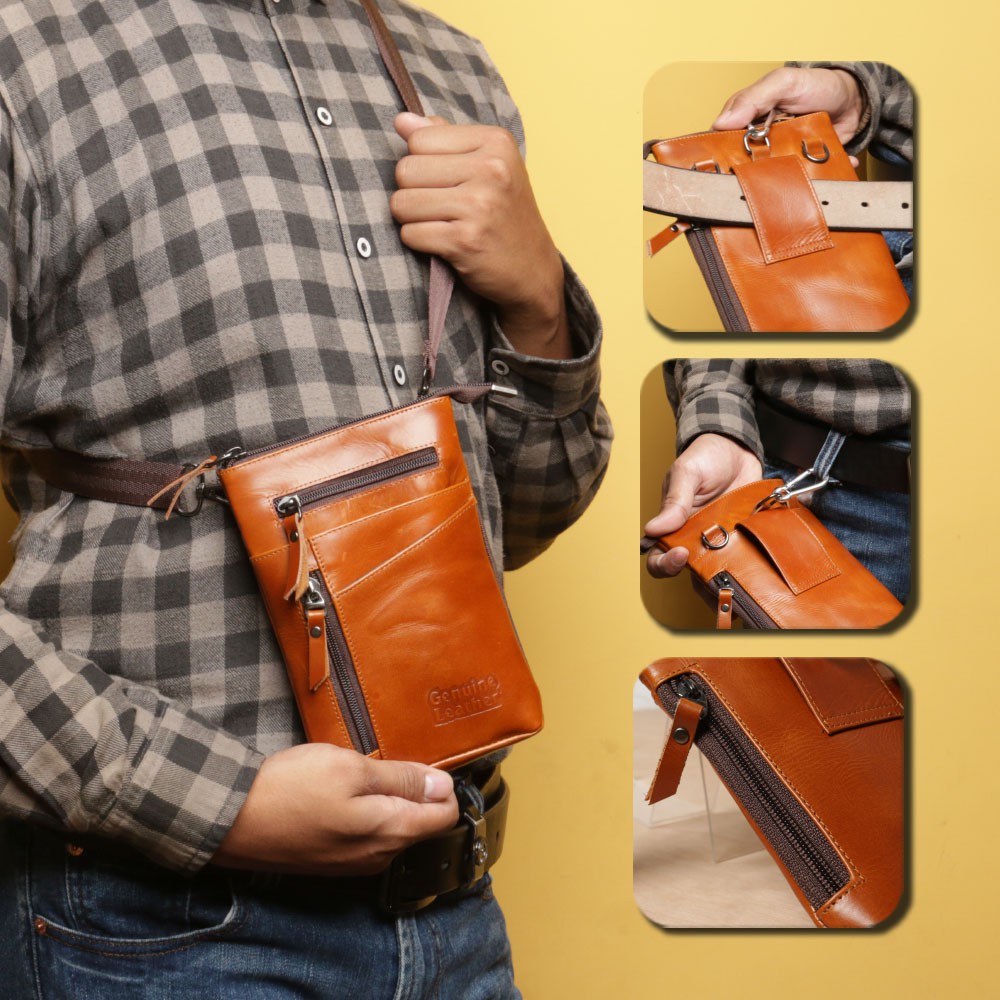 PRomo Sale tas selempang pria Gantung + Tas Pinggang HP KULIT SAPI ASLI P051