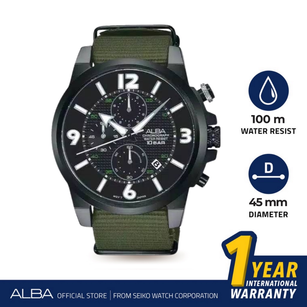 Alba Active Jam Tangan Pria Chronograph AM3369 / AM3369X1 Quartz Black Dial Green Nylon Strap Watch