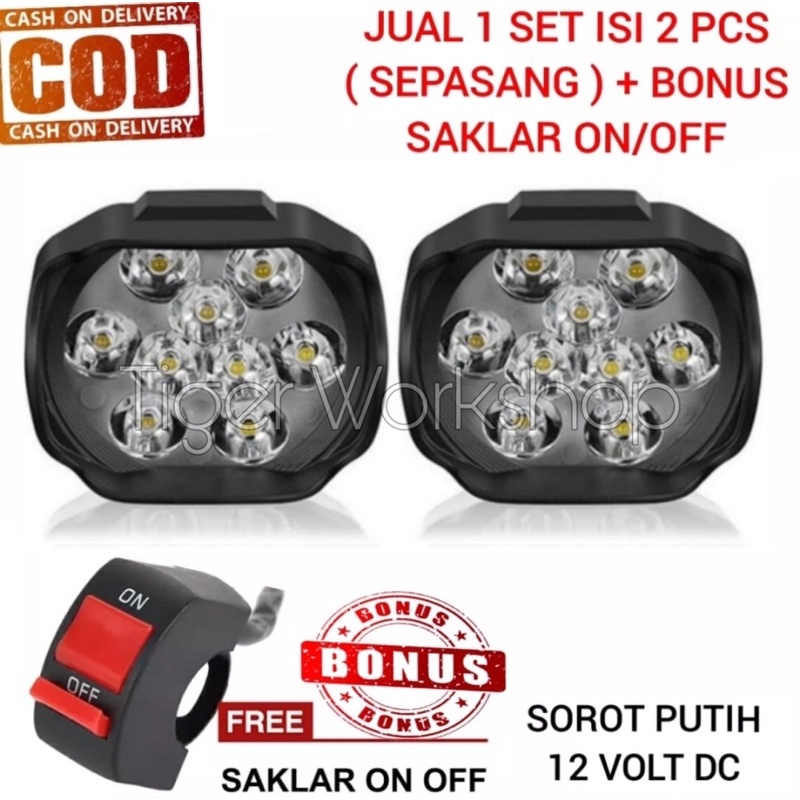 Sepasang Lampu Tembak Sorot 9 Mata + Saklar On Off Led Spion Motor 10 Watt 9 Volt