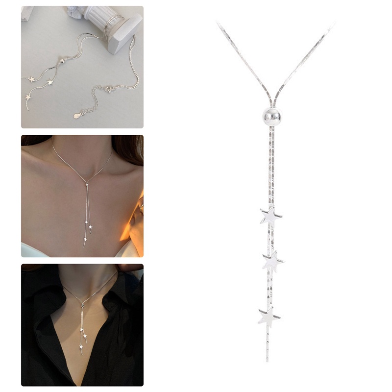 Kalung Choker Rantai Klavikula Bahan 925 Sterling Silver Desain Bintang Rumbai Panjang Untuk Wanita