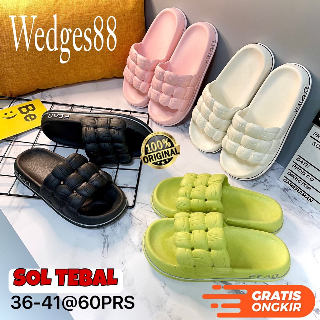 Sandal Wanita Jelly Korean Import Slipper Bahan Karet Tebal Empuk Motif Webbing Super Soft 2219