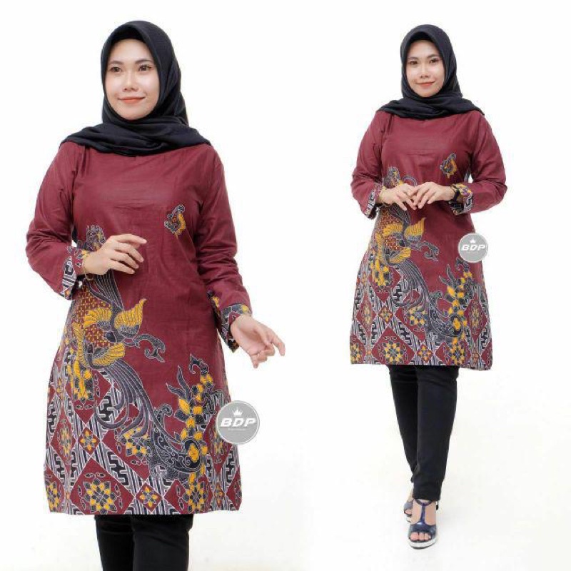 Baju Batik Tunik Atasan Wanita kantor Motif Kenari Maron