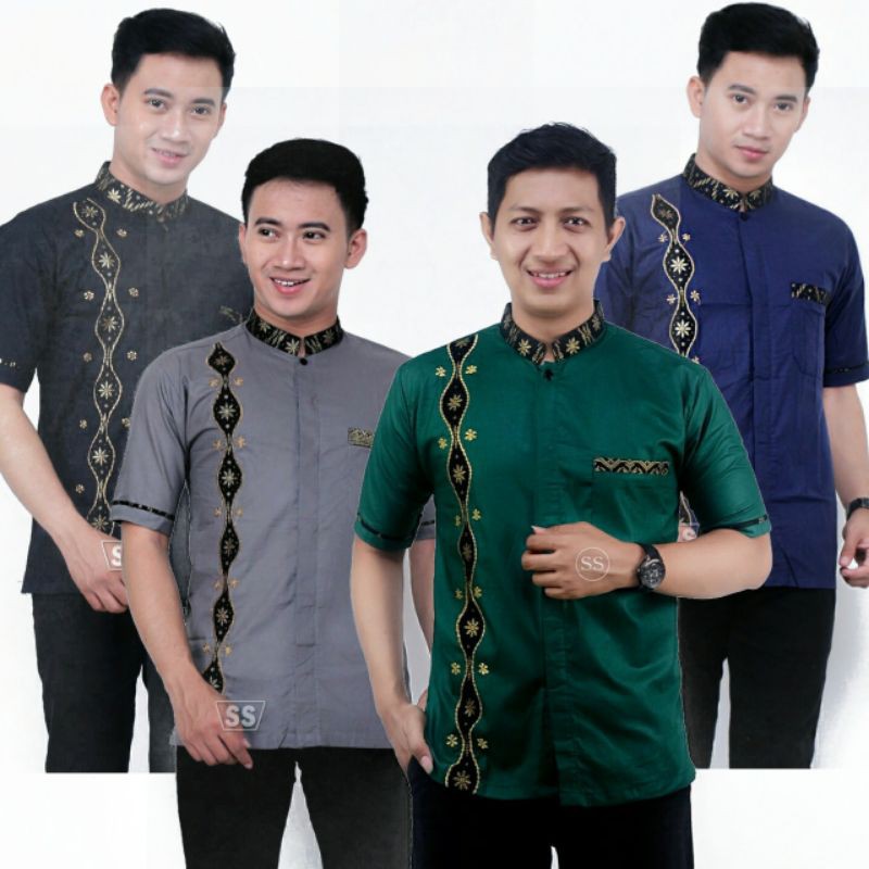 Baju Koko Pria Dewasa Koko Lengan Pendek Motif Batik dan Bordir