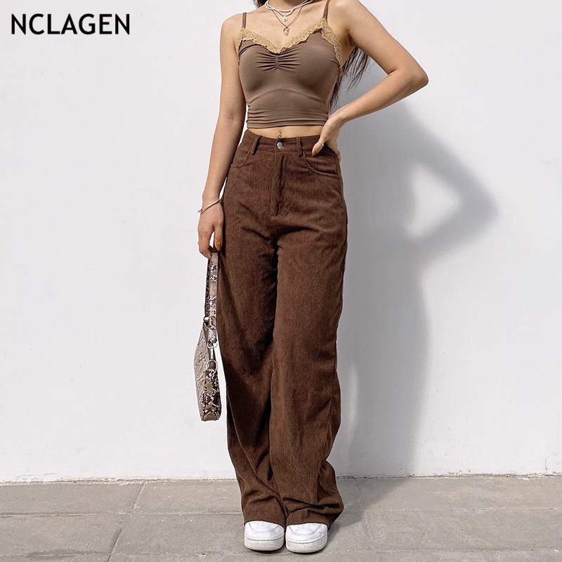 Nclagen Women Fashion Corduroy Casual Pants Pockets Streetwear Chic Trousers High Waist Vintage Ribb Shopee Indonesia