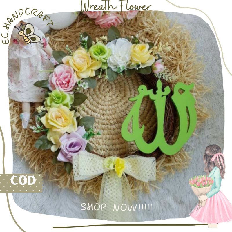 Hiasan Dinding Hiasan Pintu Wreath Flower Akar Tulisan Allah Muhammad Homedecor