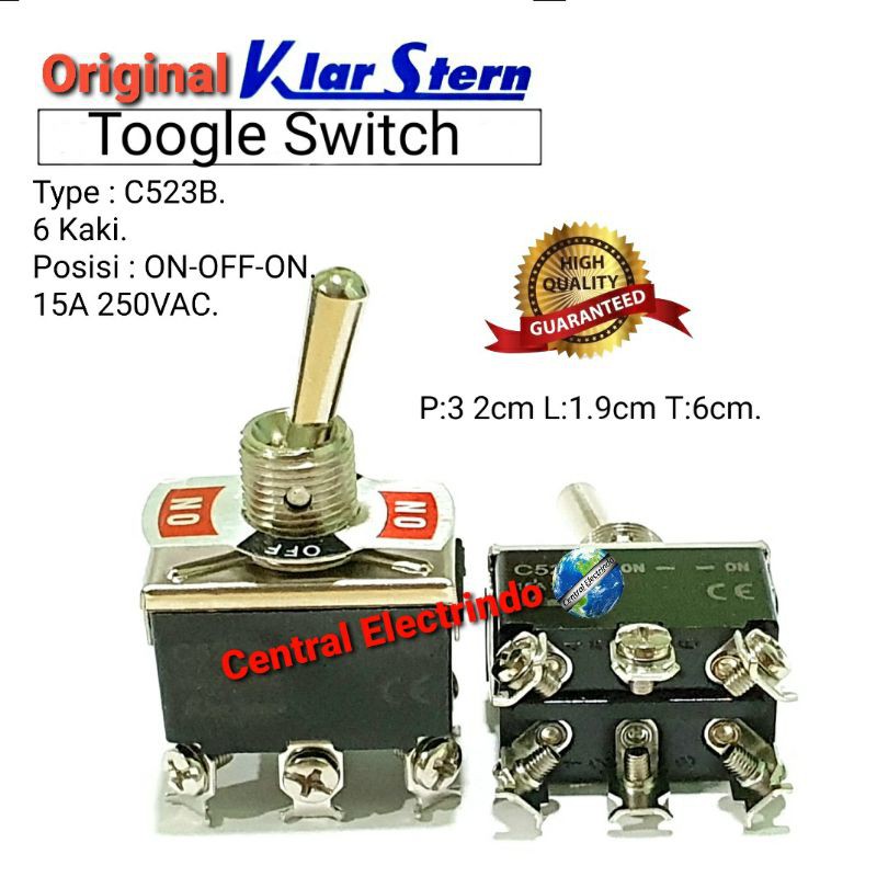 Toogle Switch KlarStern C523B 6kaki ON-OFF- ON.