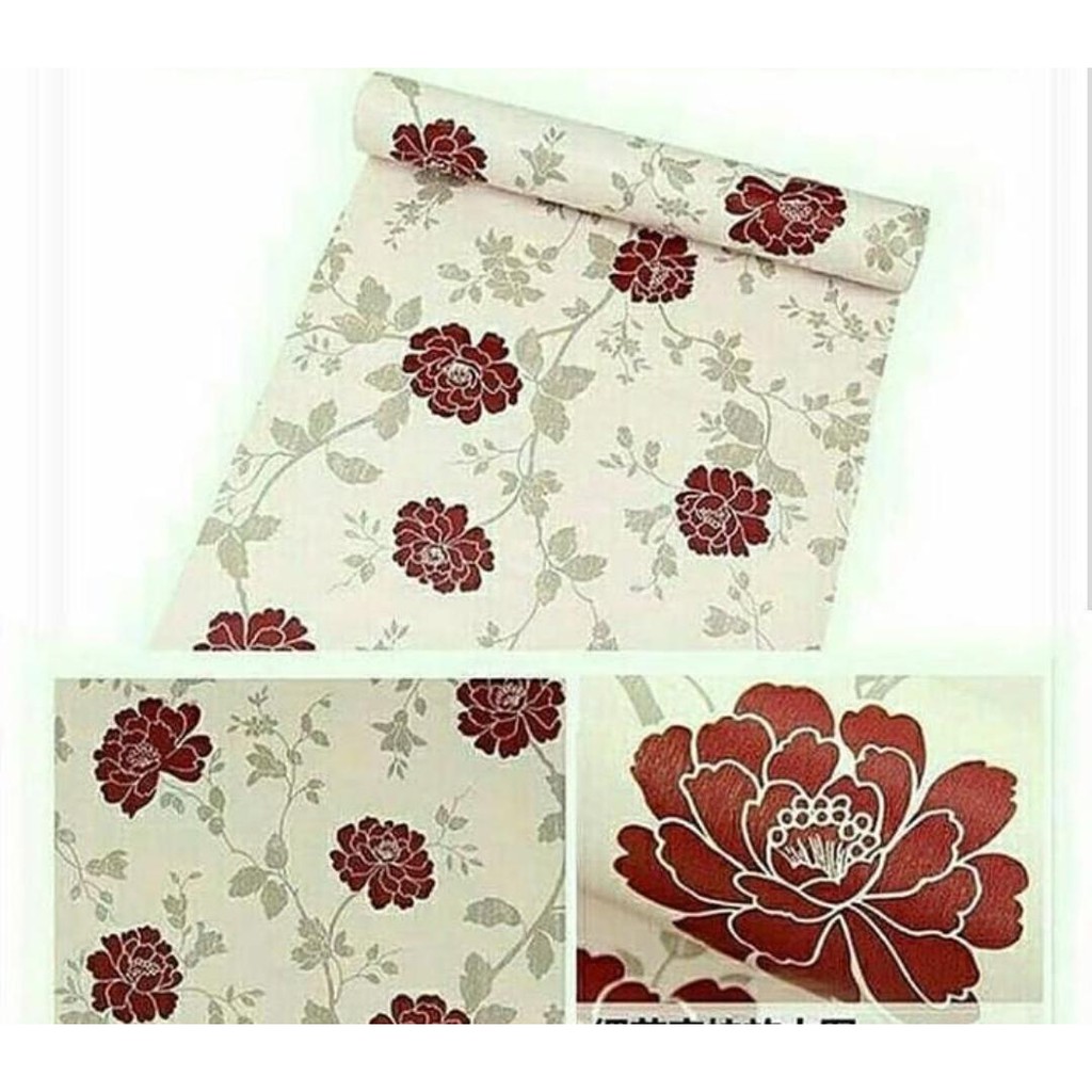 Wallpaper Dinding Motif Bunga Mawar Merah Ukuran Panjang 10Meter x Lebar 45CM