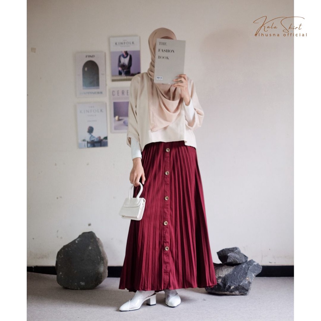 [𝐄𝐥𝐡𝐮𝐬𝐧𝐚] Kala Skirt Rok Wanita Plisket Terbaru Premium Polos Lebar Payung A Line