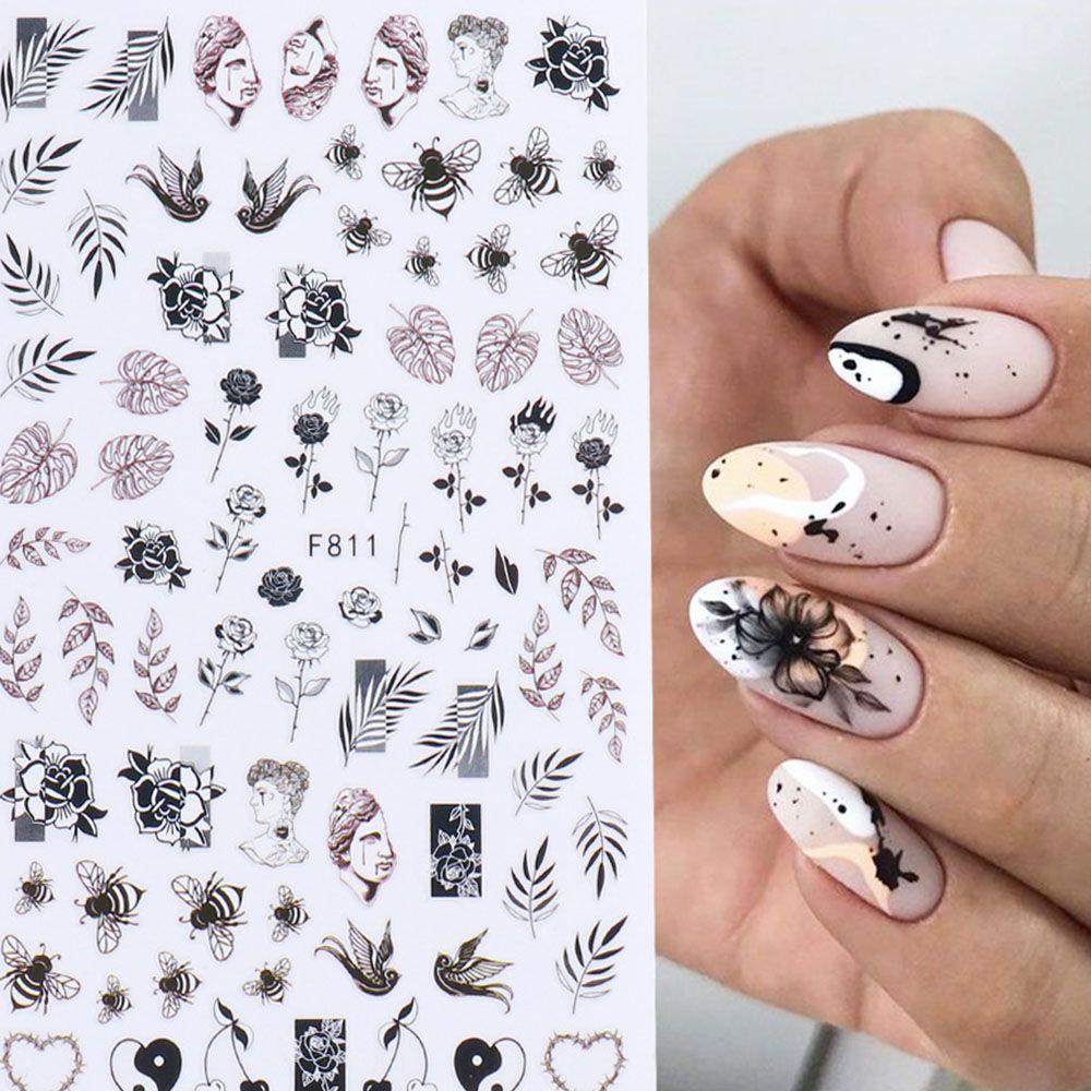 AUGUSTINA Agustin 3D Stiker Kuku Hadiah Teman Musim Gugur Jatuh Daun Desain Bunga Beragam Gaya DIY Dekorasi Nail Art