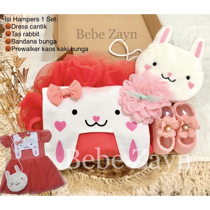 {BEBE ZAYN} Hampers baby/ hampers bayi/ baby gift/ kado bayi/ baby newborn/ Baby Girl/ Flowery Dress Set-Party Rabbit Rose