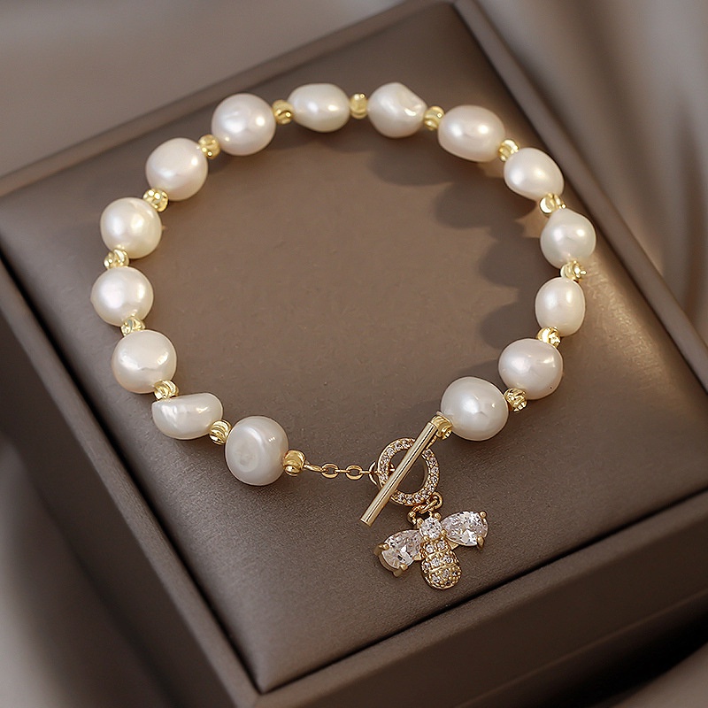 Gelang Mutiara Air Tawar Dengan Liontin Lebah Bahan Zirkon Untuk Wanita