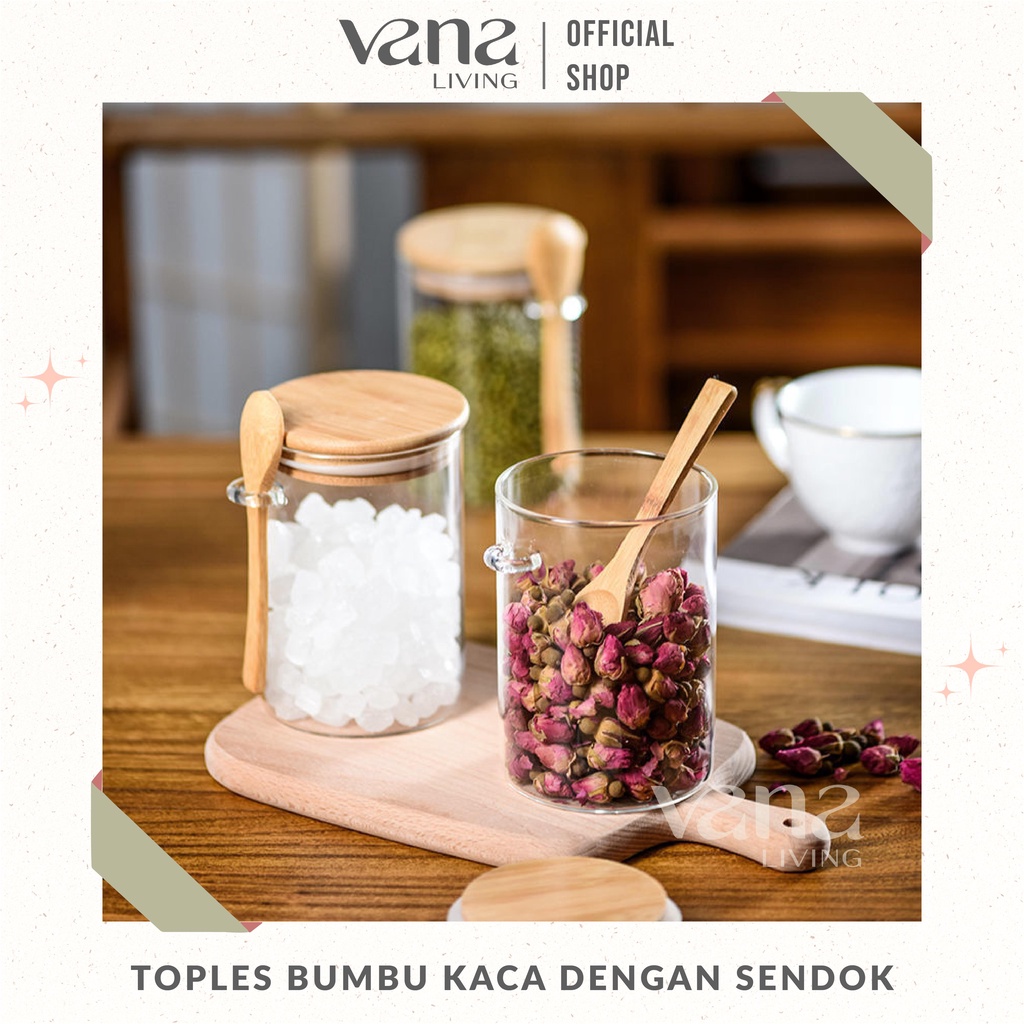 Vana Toples Bumbu Kaca Tutup Bambu Aesthetic Dengan Sendok Dan Tempat Gantungan Serbaguna Kedap Udara Untuk Teh Kopi Gula