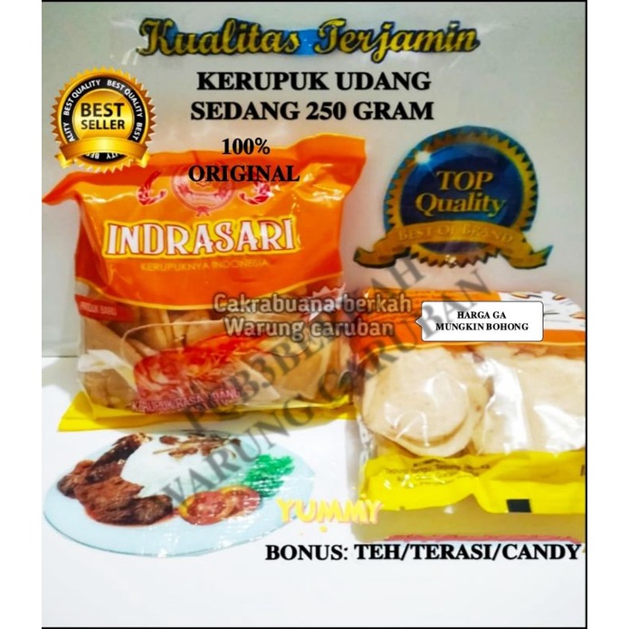 

KERUPUK UDANG SEDANG 250 GR INDRASARI BONUS TEH/TERASI/CANDY