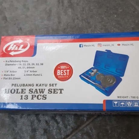 Mata Bor Kayu Bulat 13 Pcs / Hole Saw Wood Set/Holesaw Kit Mata Bor Kayu Set Isi 13 Pcs Hole Saw Kit/Mata Bor Pelubang Kayu Pralon