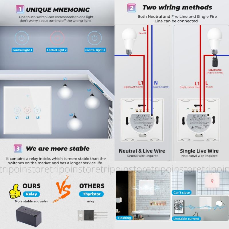 Smatrul WIFI Touch Smart Wall Switch Dual Mode - Saklar Pintar Tuya 1 Gang - No Neutral + with Neutral