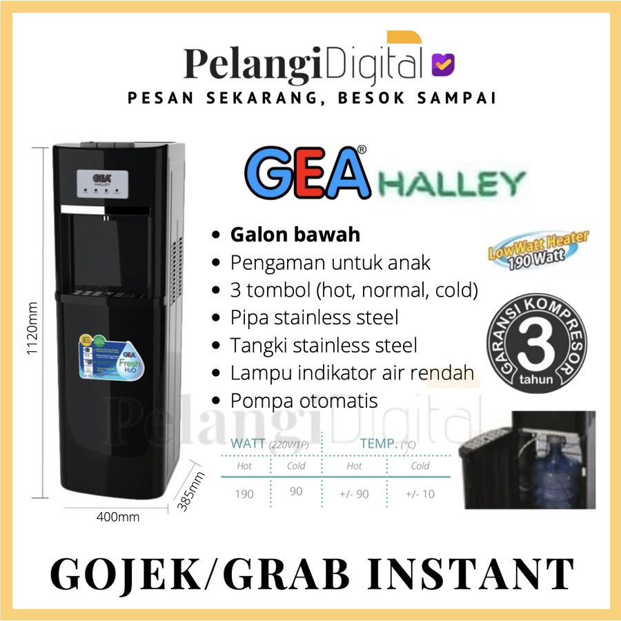 GEA HALLEY Dispenser Air Galon Bawah LOW WATT - Panas, Normal, Dingin
