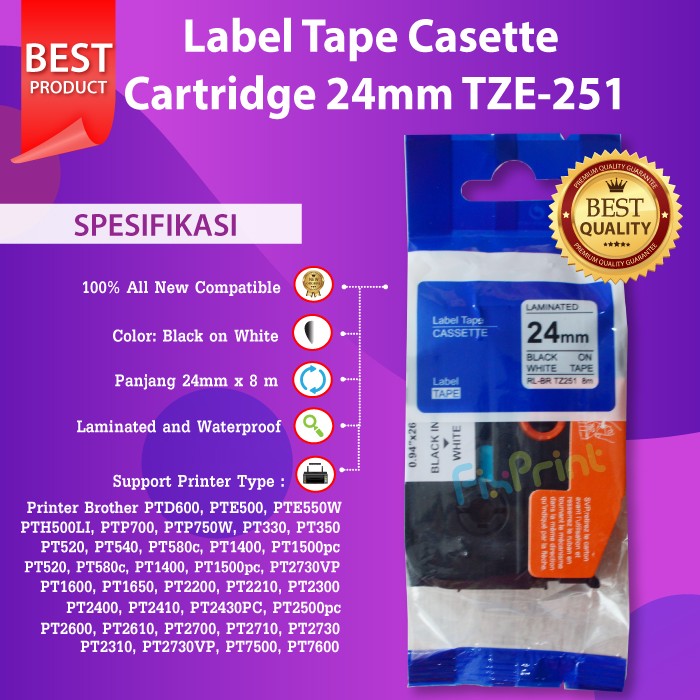 Brother Label Tape TZE-251 24mm Black On White TZe251 TZe 251 Casette