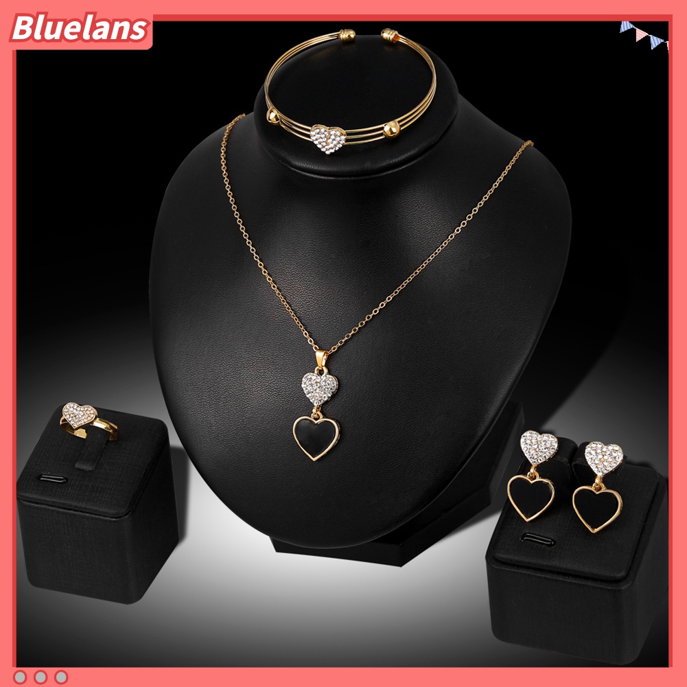 Bluelans Chic Rhinestone Black Love Heart Necklace Earrings Bracelet Ring Jewelry Set