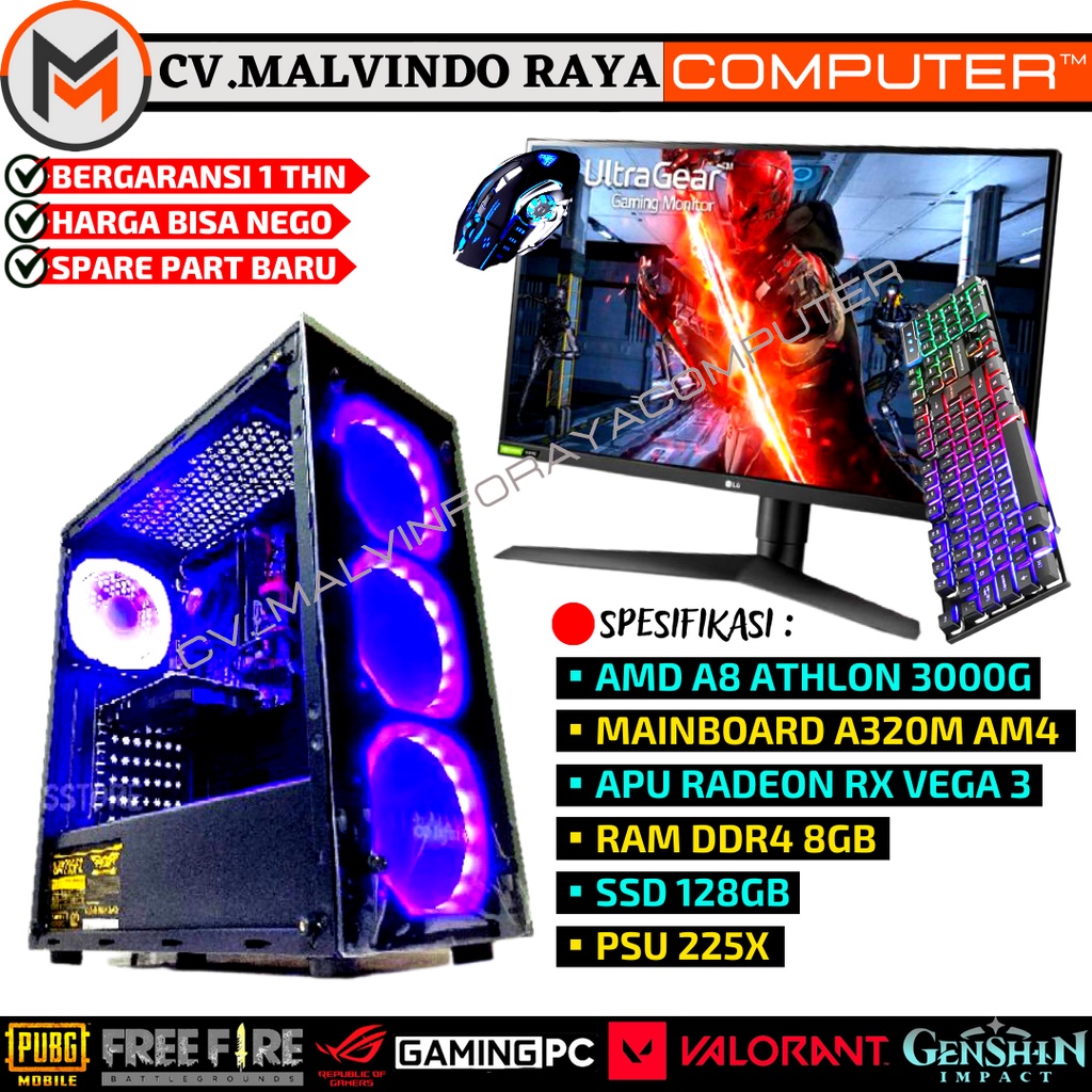 PC GAMING FULLSET AMD ATHLON 3000G RAM 8GB SSD 128GB SIAP PAKAI
