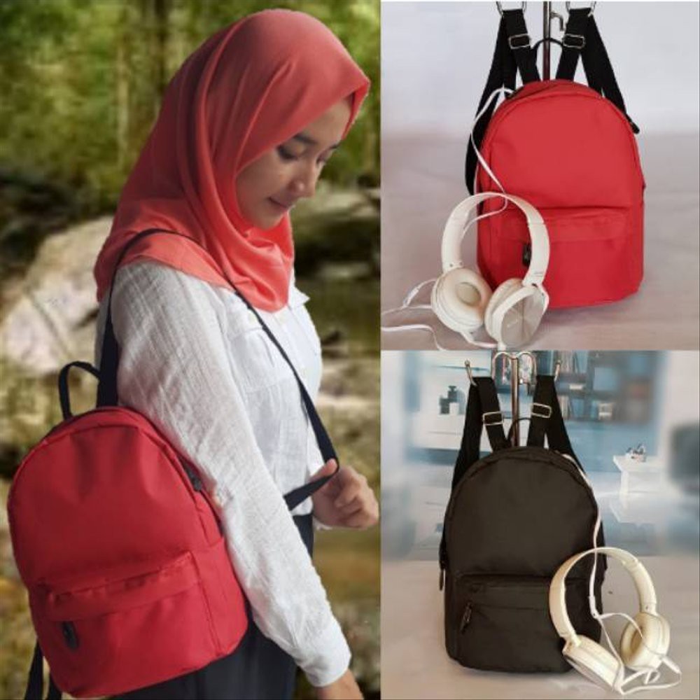 Tas Ransel Kanvas Mini Polos Ada Port Lubang Headset Earphone Simple  - Tas Ransel Bisa Untuk Sekolah - Ransel Mini