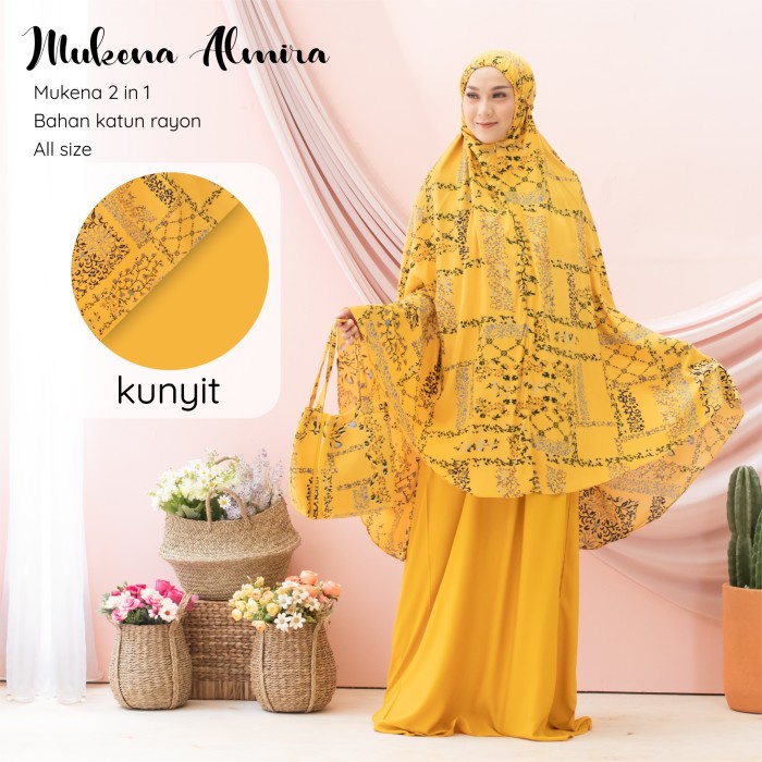Mukena Dewasa Jumbo Bahan Katun Rayon Premium - Mukena Almira - KUNYIT