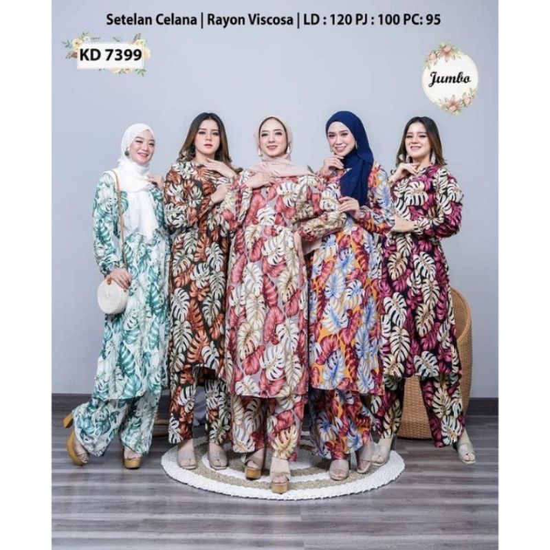 SETELAN CELANA LONG TUNIK JUMBO LD 120 BAJU MUSLIM KULOT WANITA SETCEL RAYON BUSUI