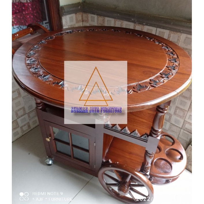 meja troli kayu jati / meja teh troli bundar / kereta dorong kayu jati
