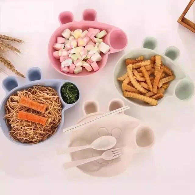 Piring Makan Set Anak Bentuk Piggy Wheat Straw /Mangkok Piring Set Anak Lucu