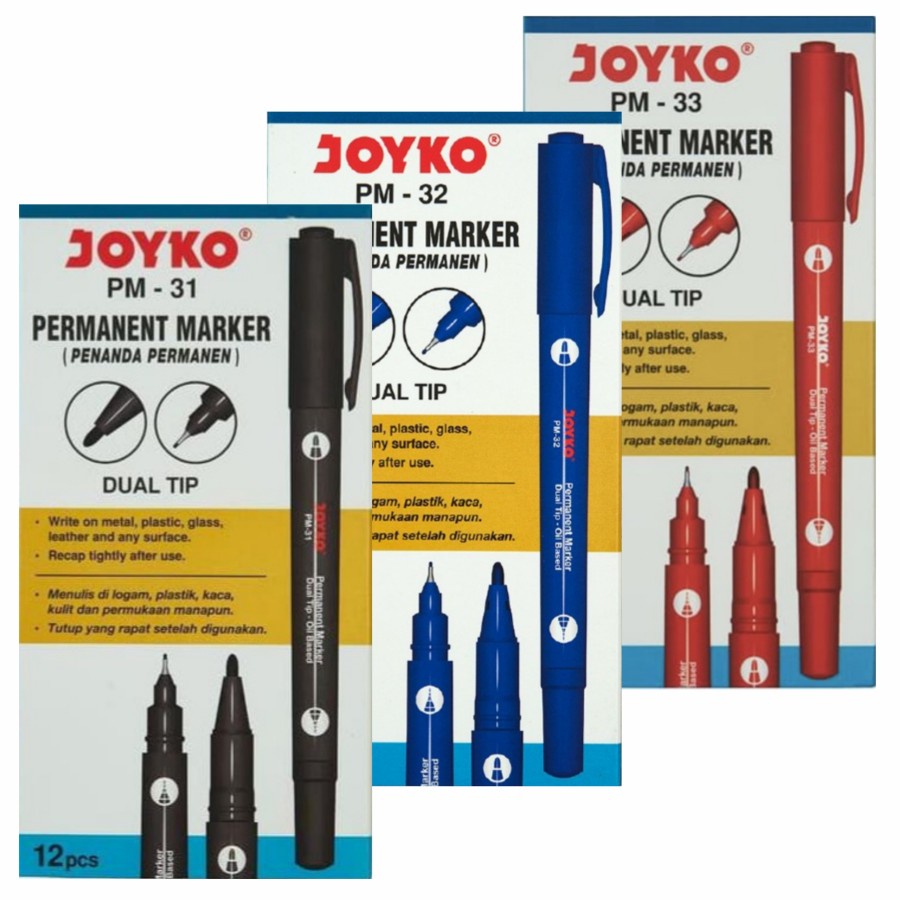 

[1 BOX / 12 PCS] Joyko Permanent Marker Spidol Permanen Dual Tip PM-31 ~ 33