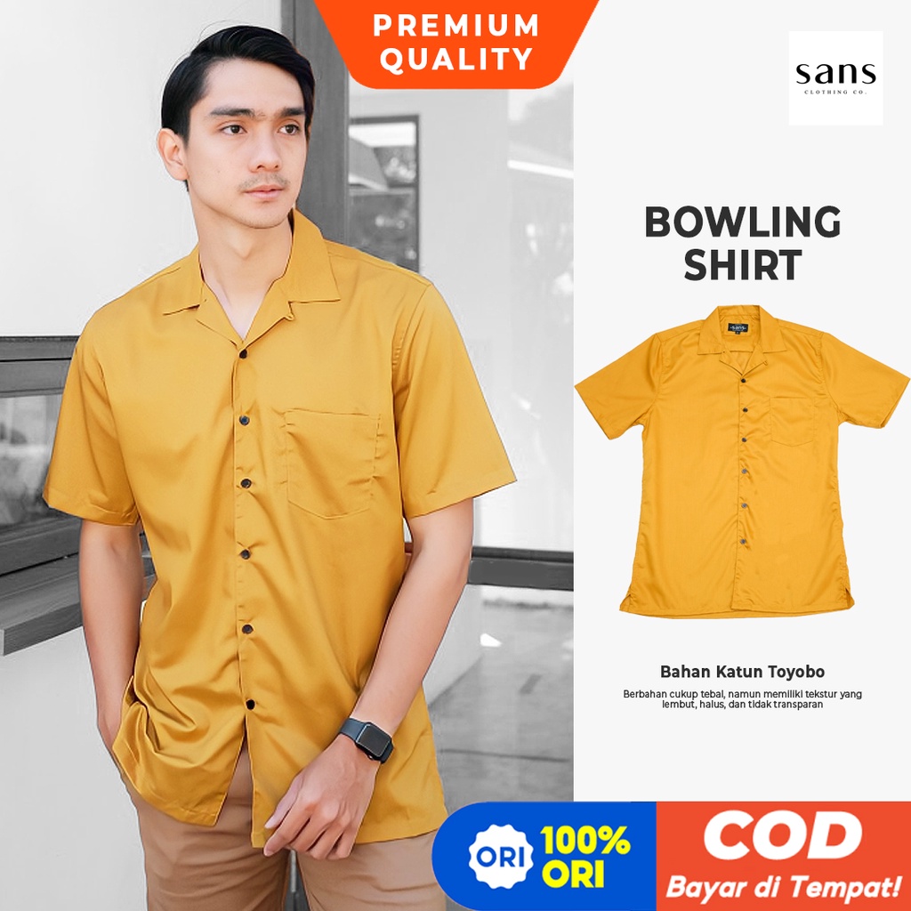 Kemeja Pantai Pria Polos Lengan Pendek Bowling Shirt Baju Hawai Pria Katun Toyobo Kekinian Kuning