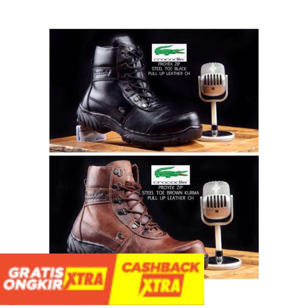 ORIGINAL  - Sepatu boots safety kulit crocodile resleting boots proyek kulit asli. Sepatu safety