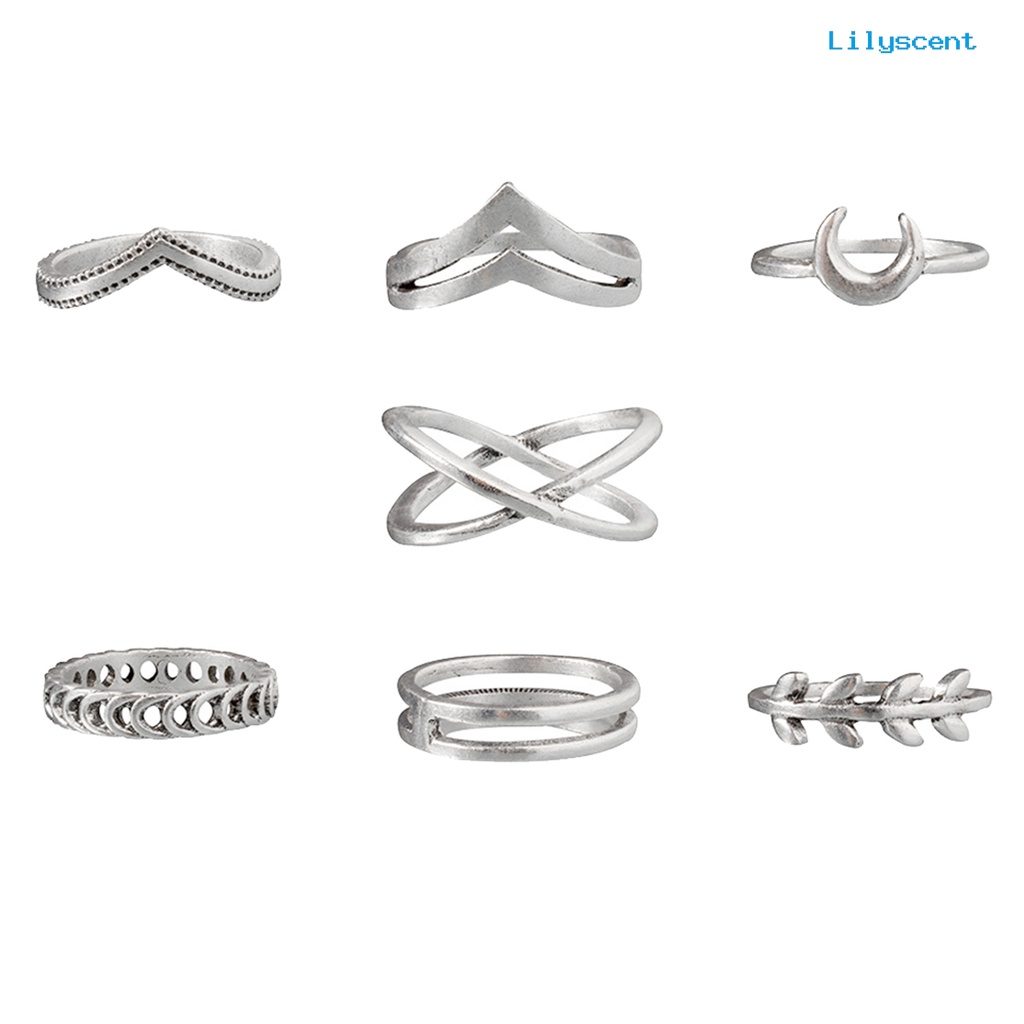 Lc 7Pcs / Set Cincin Jari Electroplate Motif Salib / Bulan / Daun Bahan Alloy Untuk Wanita / Pesta