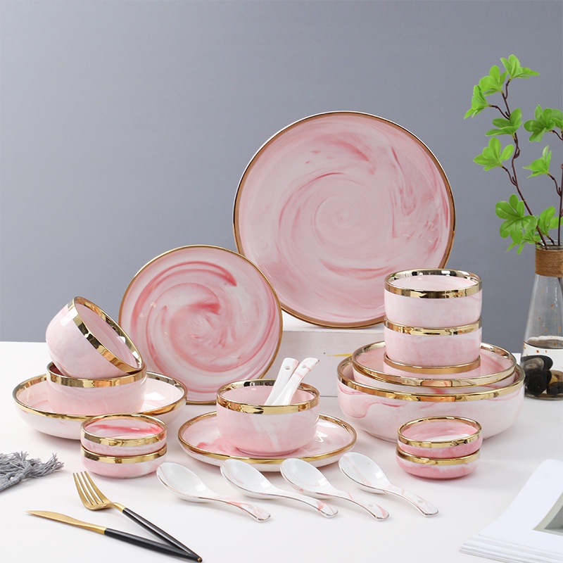 PIRING PINK MARBLE KERAMIK LIST EMAS ELEGAN/ PIRING KERAMIK PINK MOTIF MARMER LIST GOLD ELEGAN MEWAH-7