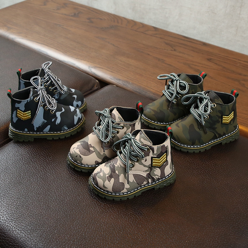  Sepatu  Boot  Anak  Bahan Kulit PU Motif  Camo Model Lace Up 