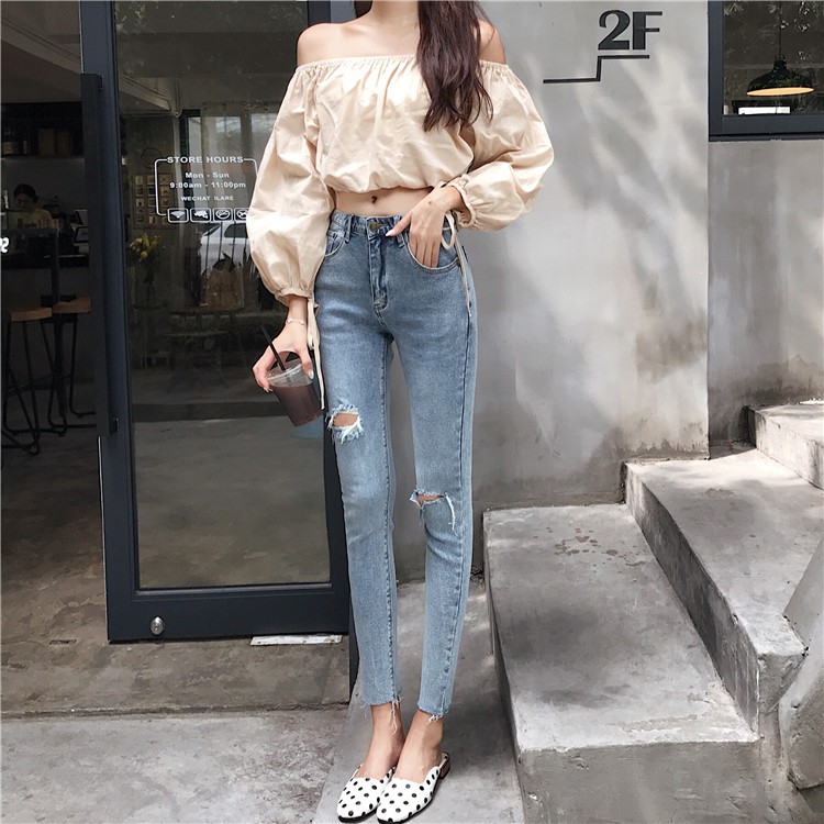 Baru High Waist Stretch Celana Jeans Robek Wanita Retro Pensil Tappered Celana Pendek