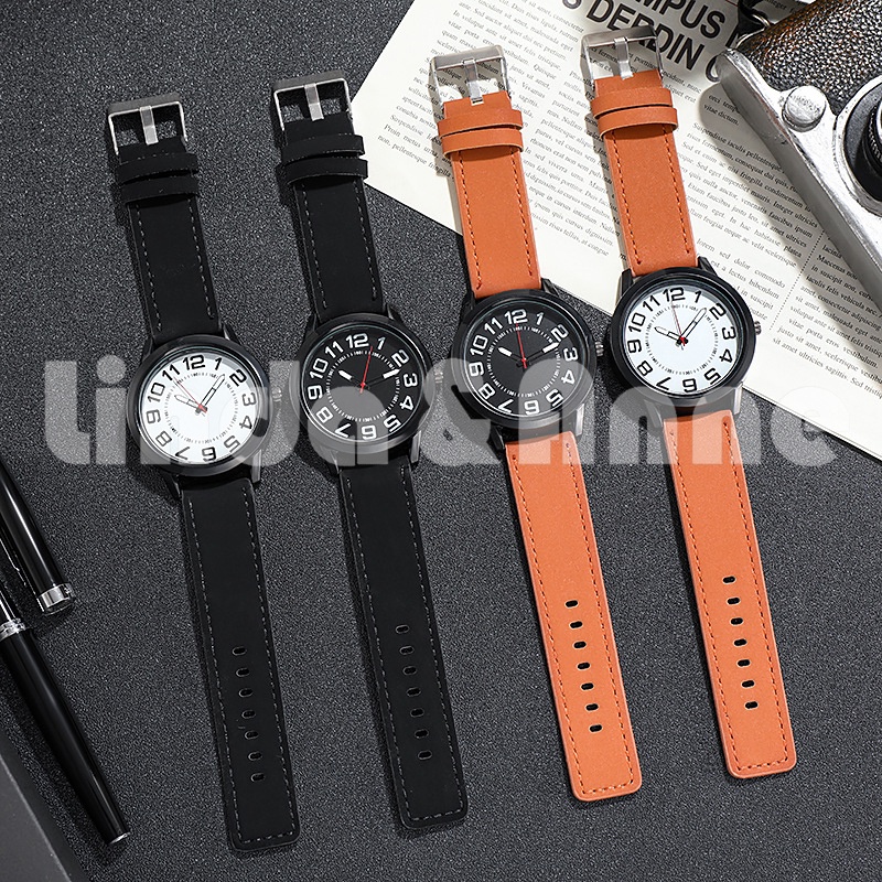 Jam Tangan Pria Strap Pu Leather Dial Bulat Angka Analog Elegan Fashion Korean Import