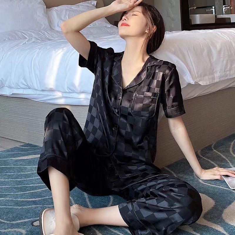 baru Korea wanita piyama/persegi es sutra atasan lengan pendek + celana panjang bisa dipakai di luar setelan homewear