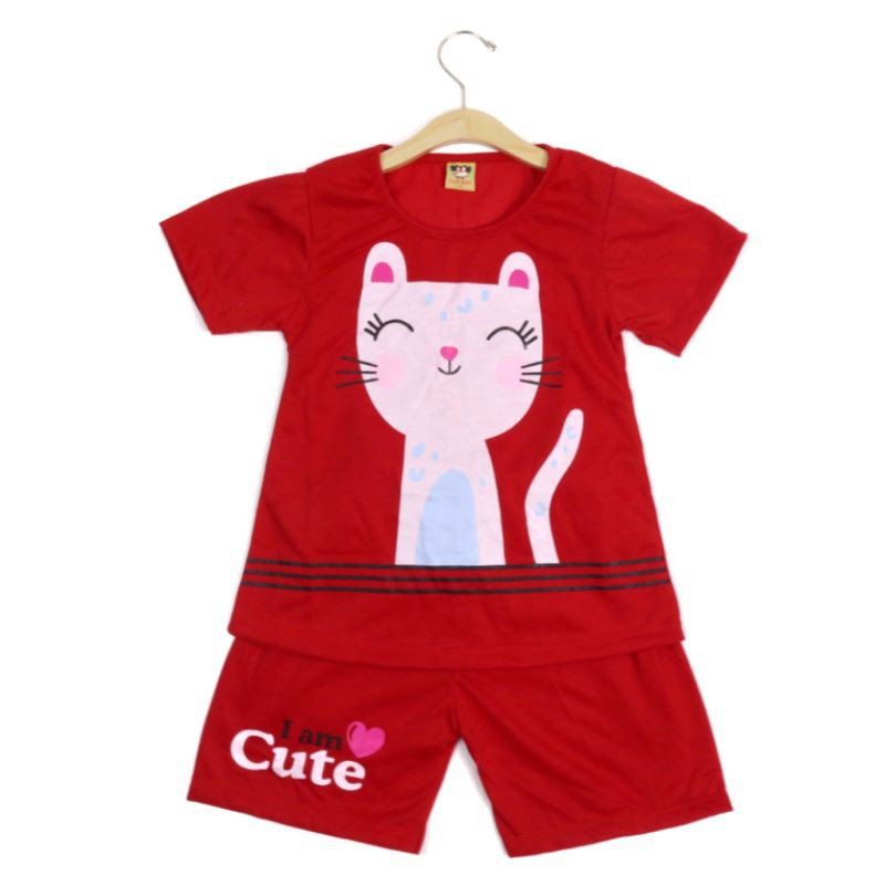 SETELAN FASHION BAJU ANAK PEREMPUAN SIKUNING CELANA PENDEK MOTIF CUTE MEOW BAHAN KAOS GAMBAR SABLON