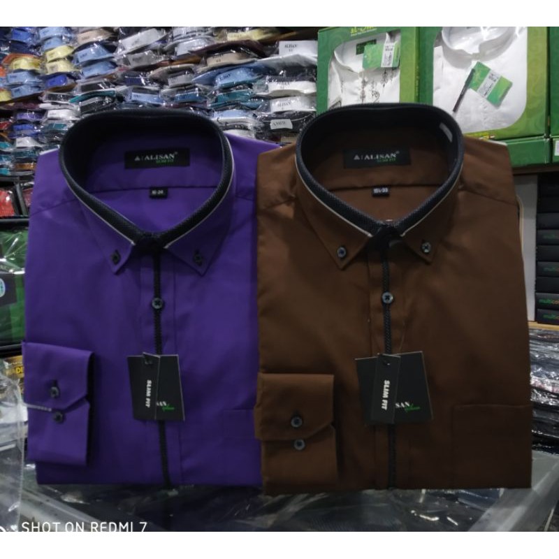 Kemeja Alisan Lengan Panjang Model Slimfit/Jangkis Warna Ungu dan Coklat List Hitam