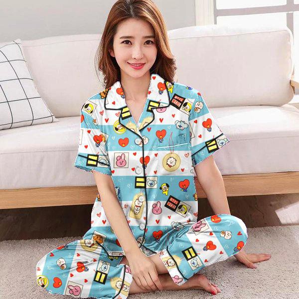 Piyama CP BT21 salur /baju tidur dewasa fit to XL