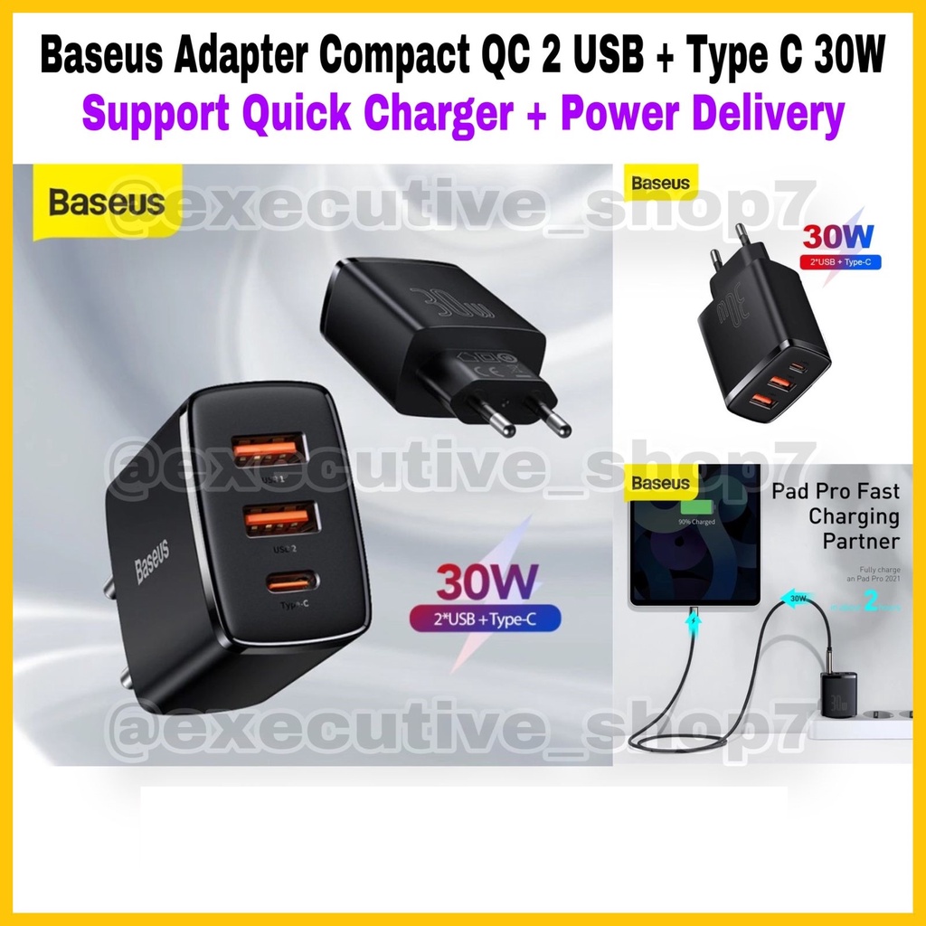 Baseus Adapter Compact QC 2 USB + Type C 30W - Support Quick Charger + Power Delivery