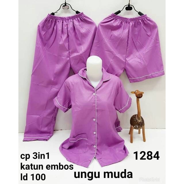 SEASOND IND Piyama/Baju Tidur 3in1 Wanita Dewasa Embos Warna/L Fit to XL ko-Embos Ungu Muda