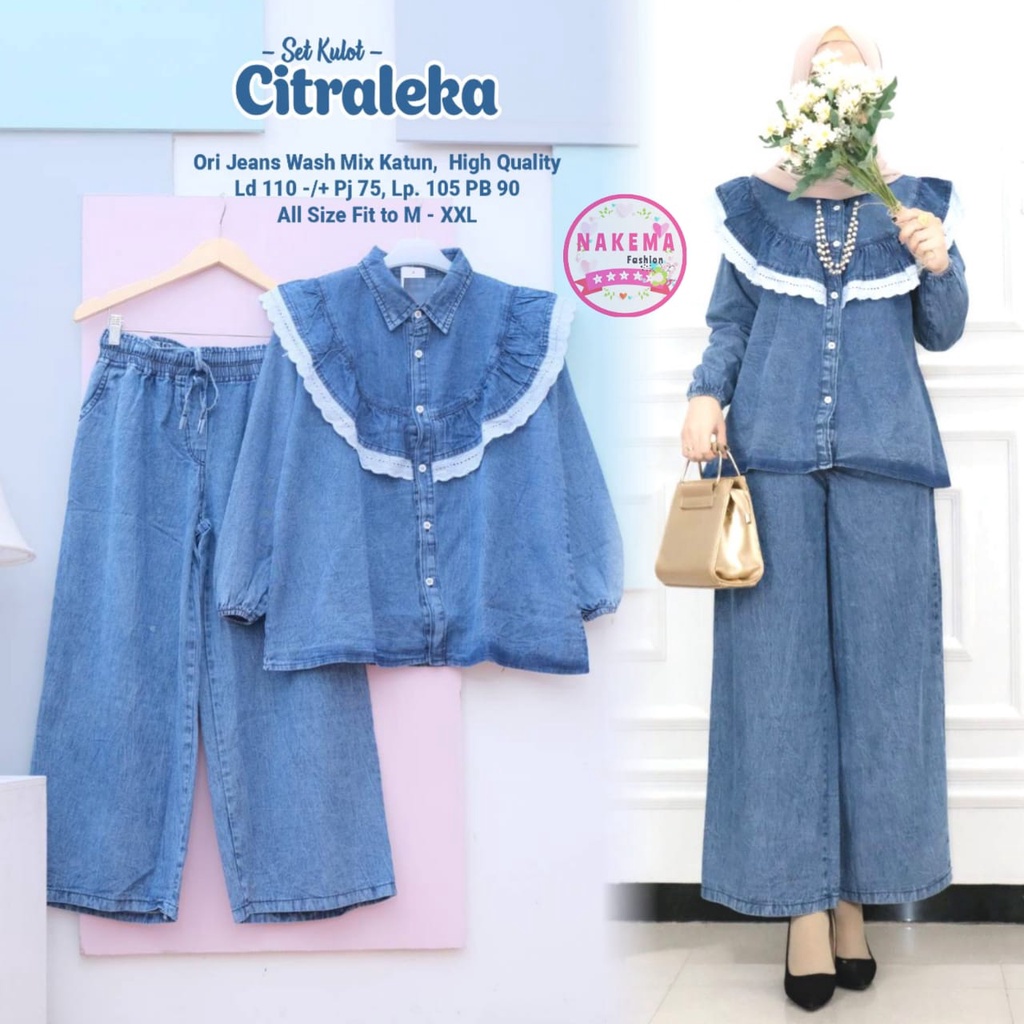 Original By Nakema Citraleka Setelan Kulot Dewasa Atasan Kemeja Kancing Jeans Wash Mix Celana Kulot 