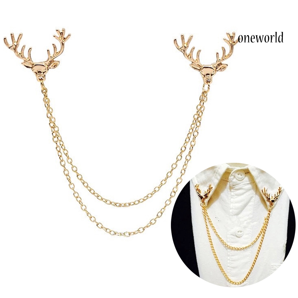 OW@ Fashion Men Women Shirt Suit Collar Deer Head Brooch Pin with Long Chain Gift