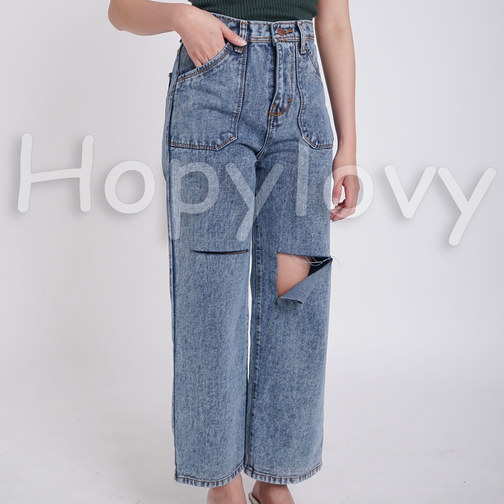 HOPYLOVY Celana Kulot Jeans Wanita Sobek Lutut Highwaist Jeans BF Avika