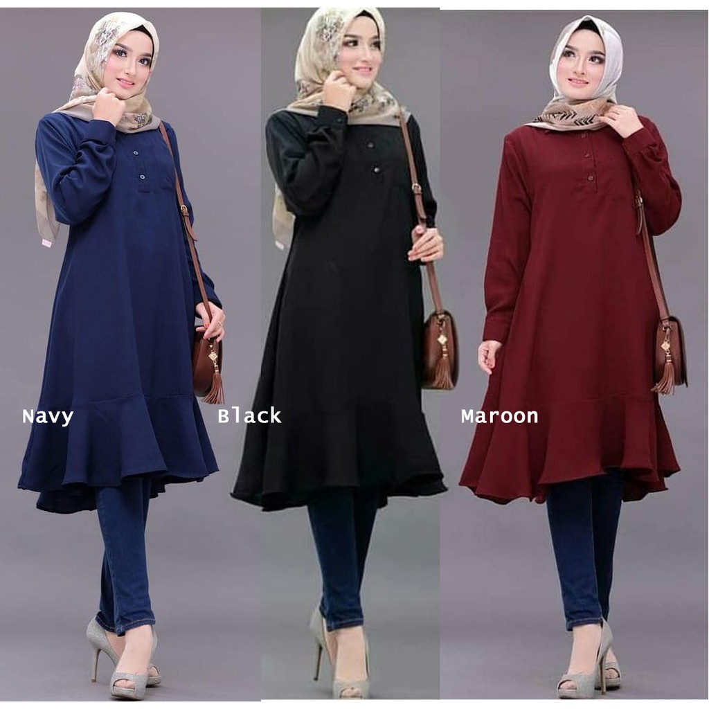 Baju Tunik atasan muslim VIOLA TUNIK Polos Kancing tali kerut warna linen madina lengan panjang