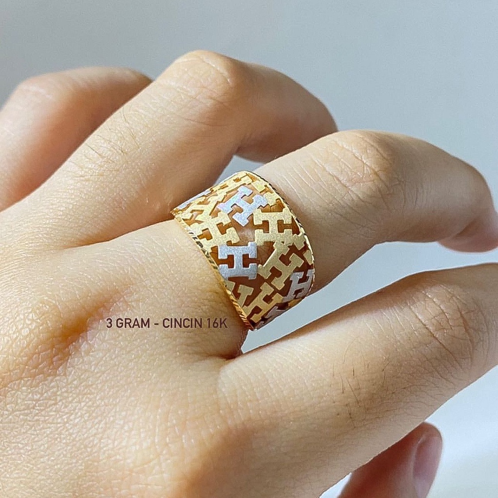 Cincin anak dan dewasa emas asli kadar 70 16k lebar kerawang bunga tanpa mata permata kombinasi krum 2 warna mix whitegold doff Herme S diamond kuning putih gold besar