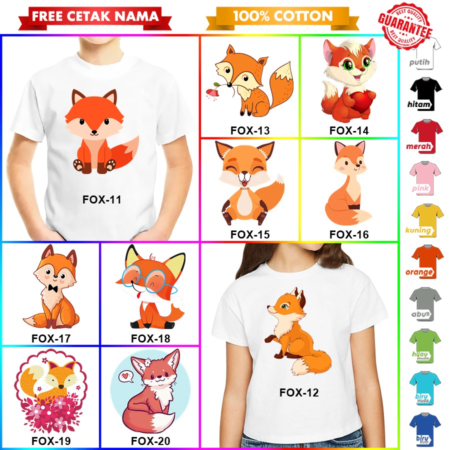 [FREE NAMA!!] Baju Kaos ANAK DAN DEWASA RUBAH FOX BANYAK MOTIF