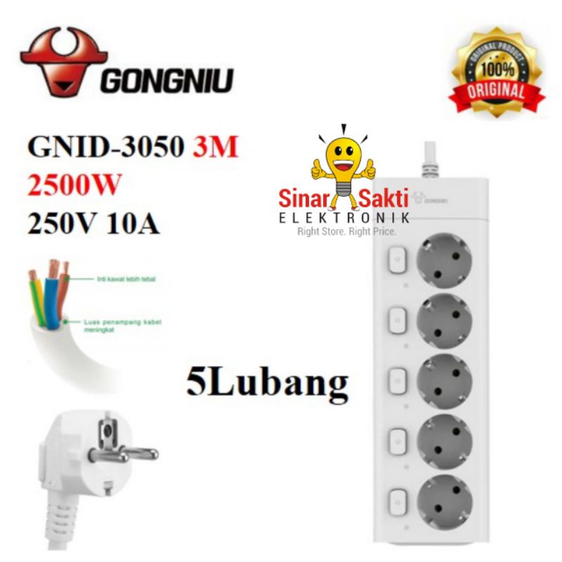 Gongniu Kabel Roll Stop Kontak 5 Lubang 3 Meter Saklar Multi Switch 3M 3 M