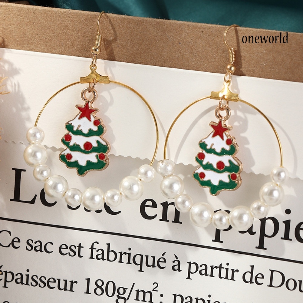 OW# Women Christmas Tree Elk Eardrop Faux Pearl Geometric Hoop Earrings Xmas Gift